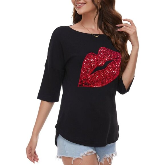 Women's Sequin Heart Love Shirt Plus Size Loose Tunic 3/4 Sleeve Boat Neck - Picture 4 of 6